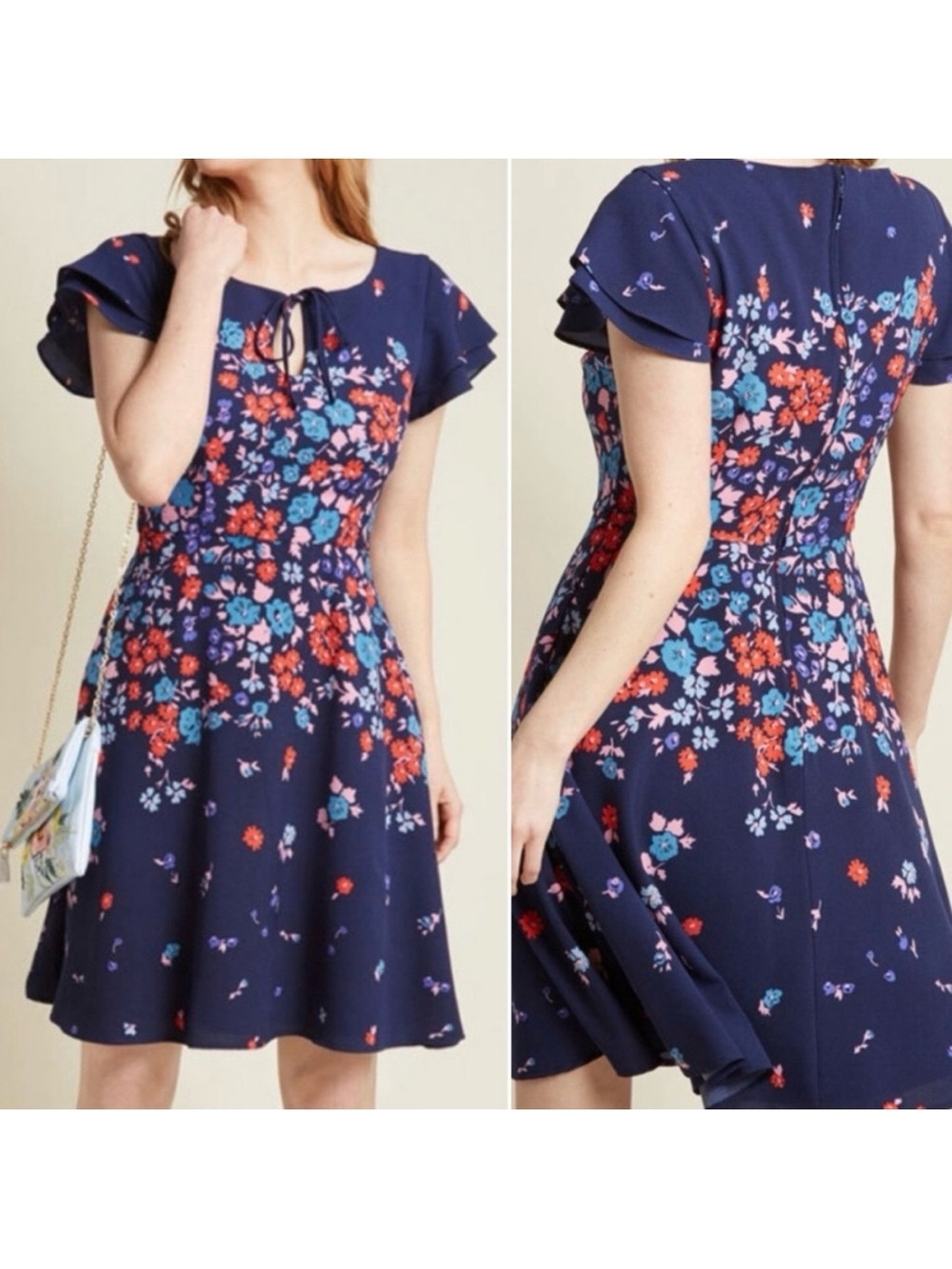 ModCloth Personality First A-Line Floral Dress Flutter Sleeve Navy Blue